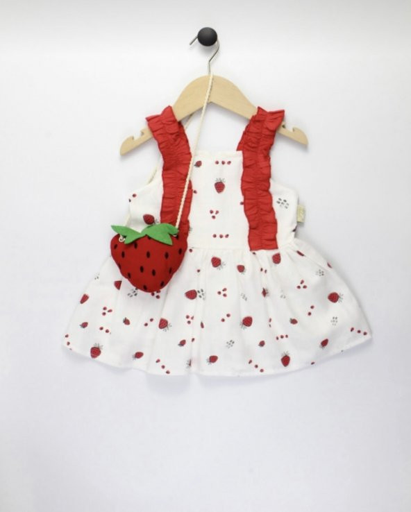 Kız Bebek Keten Fırfır Askılı Çilek Model Elbise ve Sahte Çilek Modelli Çanta Takımı
