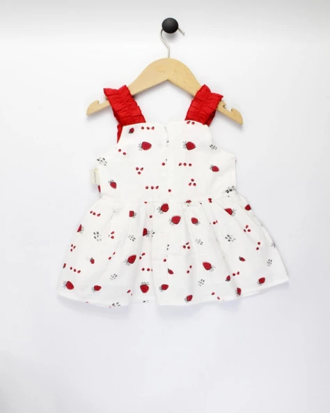 Kız Bebek Keten Fırfır Askılı Çilek Model Elbise ve Sahte Çilek Modelli Çanta Takımı - 2