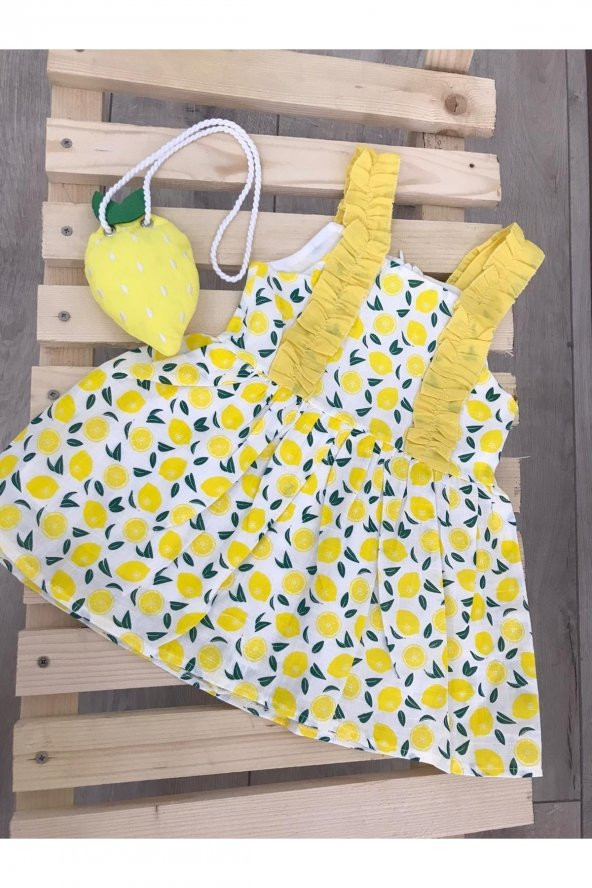 Kız Bebek Keten Fırfır Askılı Limon Model Elbise ve Sahte Limon Modelli Çanta Takımı