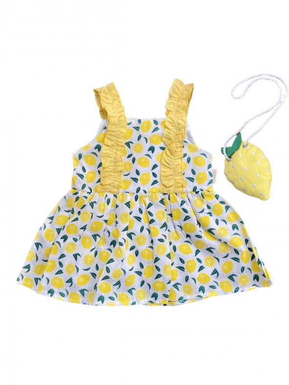 Kız Bebek Keten Fırfır Askılı Limon Model Elbise ve Sahte Limon Modelli Çanta Takımı - 2