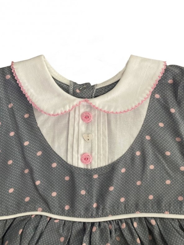Kız Bebek Pamuklu Gri Renk İşlemeli Gömlek Yakalı Kısa Kollu Puantiyeli Elbise - 2