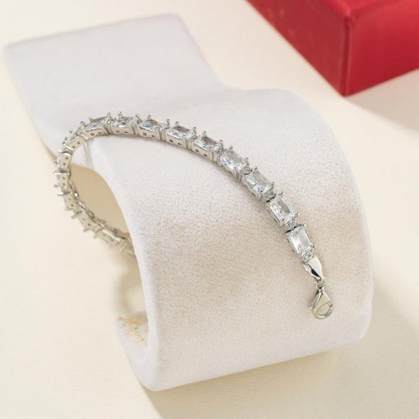 Gümüş Pazarım Beyaz Taşlı Baget Su Yolu Gümüş Bileklik - 2