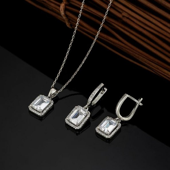 Gümüş Pazarım Dikdörtgen Taşlı Baget Taşlı Gümüş Set