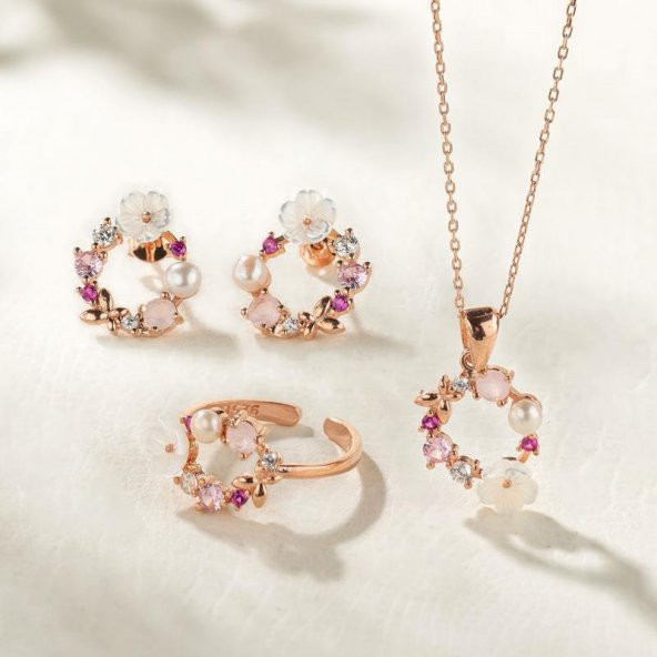 Gümüş Pazarım İnci Taneli Manolya Çiçeği Kadın Gümüş Set