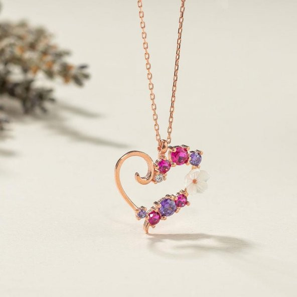 Gümüş Pazarım Renkli Taşlı Manolya Kalp Gümüş Kolye - 2