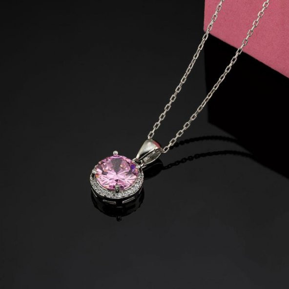 Gümüş Pazarım Pembe Zirkon Yuvarlak Kesim Gümüş Set - 2