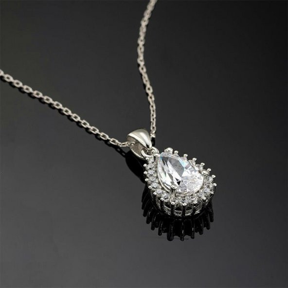 Gümüş Pazarım Zirkon Taşlı Damla Kesim Gümüş Kolye