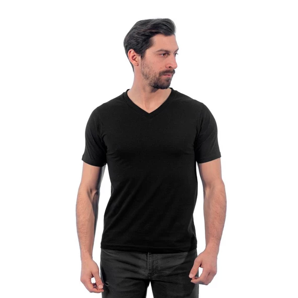 V Yaka Tişört, Siyah -113E250- T-shirt, Tshirt, Kısa Kollu