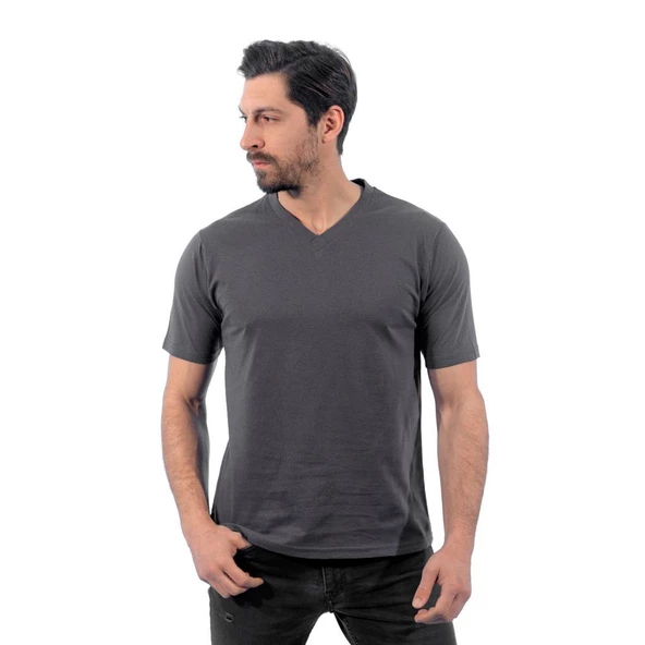 V Yaka Tişört, Koyu Gri -113E232- T-shirt, Tshirt, Kısa Kollu