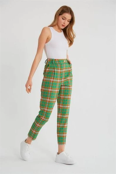 Kadın Ekose Desenli Kumaş Pantolon Yeşil - 3