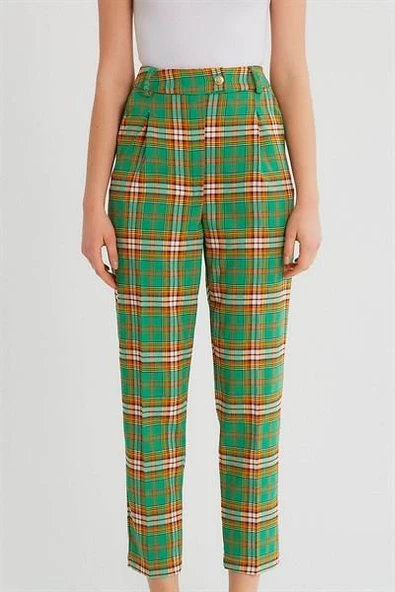Kadın Ekose Desenli Kumaş Pantolon Yeşil - 2