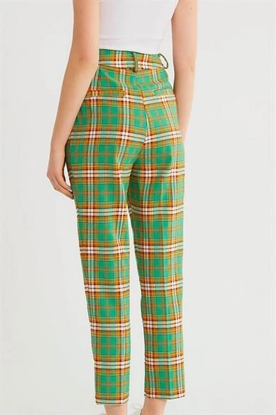 Kadın Ekose Desenli Kumaş Pantolon Yeşil - 4