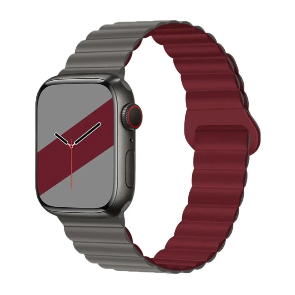 E2M APPLE WATCH 42-44-45-49MM KRD-06 DERİ BÜKME ÇİFT RENKLİ BORDO KORDON ürün görseli 1