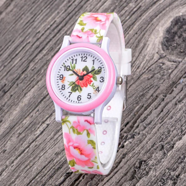 Pinkoli Kız Çocuk Saatleri Çiçek Temalı Pembe Renk Silikon Kordon Rakamlı Kol Saat