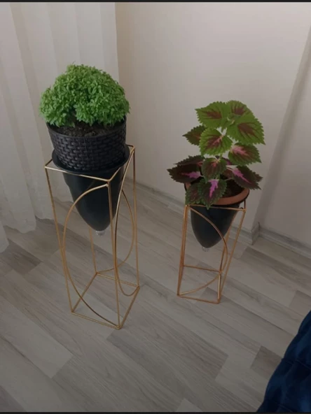 Metal 2'li Metal Gold Ayaklı Dekoratif Siyah Saksı Çiçeklik Vazo FLYON-HSN102 - 6