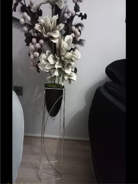 Metal 2'li Metal Gümüş Ayaklı Dekoratif Siyah Saksı Çiçeklik Vazo FLYON-HSN102 - 5