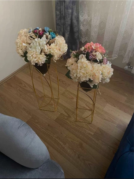 Metal 2'li Metal Gold Ayaklı Dekoratif Siyah Saksı Çiçeklik Vazo FLYON-HSN102 - 3