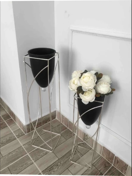 Metal 2'li Metal Gümüş Ayaklı Dekoratif Siyah Saksı Çiçeklik Vazo FLYON-HSN102 - 2