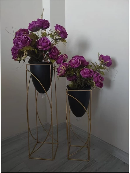 Metal 2'li Metal Gold Ayaklı Dekoratif Siyah Saksı Çiçeklik Vazo FLYON-HSN102 - 5