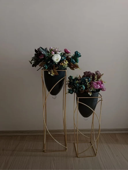 Metal 2'li Metal Gold Ayaklı Dekoratif Siyah Saksı Çiçeklik Vazo FLYON-HSN102 - 2