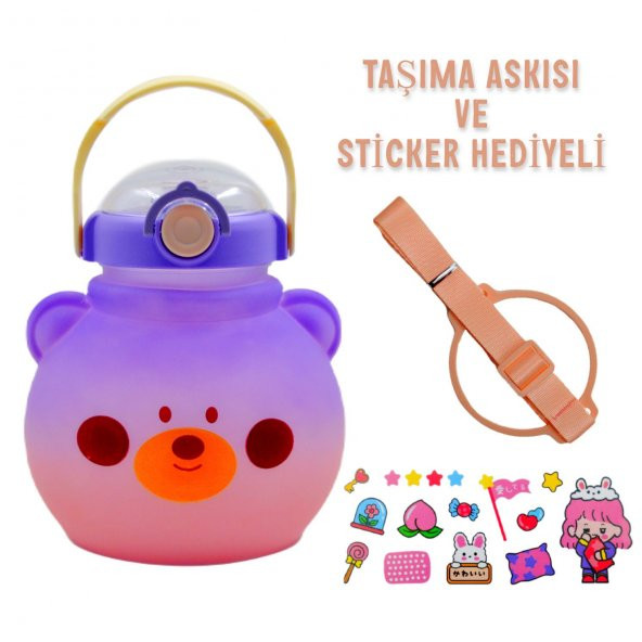 BottleBoss Pipetli Taşıma Askılı Pipetli Sevimli Matara 1300 Ml Sticker HEDİYELİ Mor - 2
