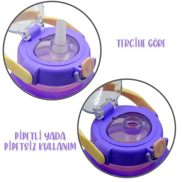 BottleBoss Pipetli Taşıma Askılı Pipetli Sevimli Matara 1300 Ml Sticker HEDİYELİ Mor - 4