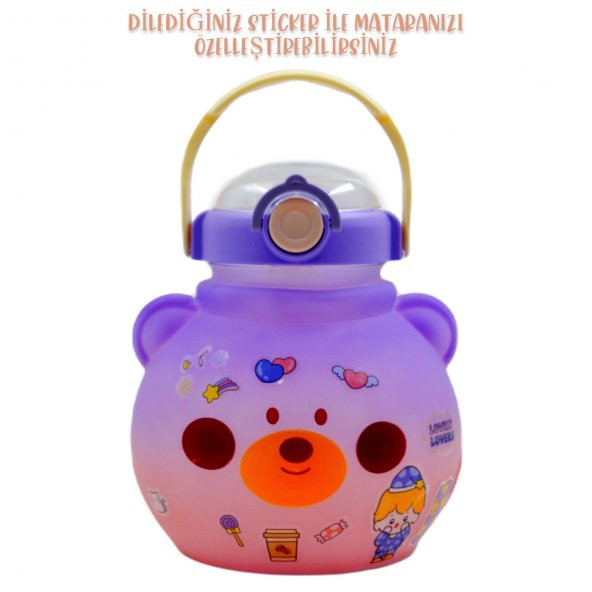 BottleBoss Pipetli Taşıma Askılı Pipetli Sevimli Matara 1300 Ml Sticker HEDİYELİ Mor - 5