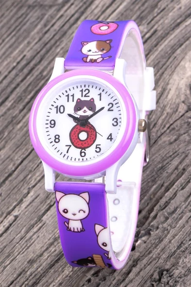 Kedi Figürlü Yumuşak Etli Silikon Kordon Kız Erkek Çocuk Kol Saati ST-304341 - Resim 2