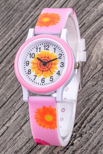 Çocuk Kol Saati Silikon Kordon Kız Çocuk Çiçek Figürlü Pembe Renk ST-304347 - Resim 2