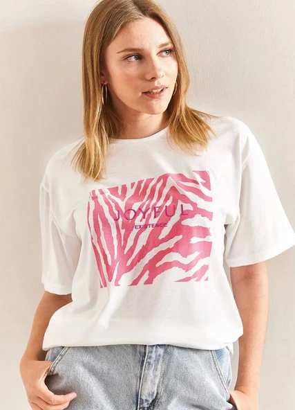 Baskılı Basic Bisiklet Yaka Örme T-Shirt Önü Pembe - 3