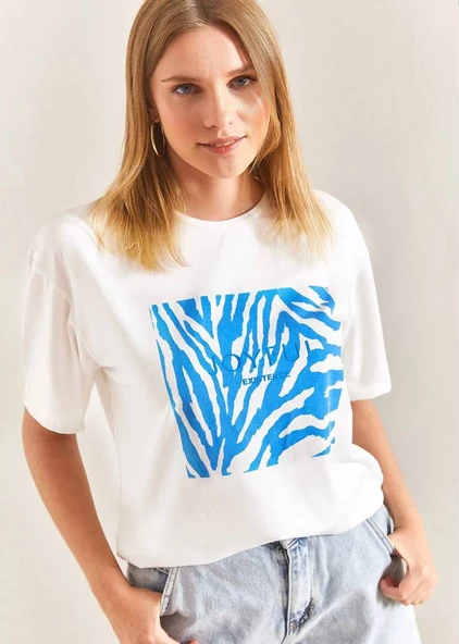 Baskılı Basic Bisiklet Yaka Örme T-Shirt Önü Mavi - 3