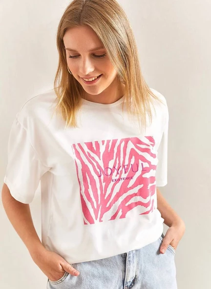 Baskılı Basic Bisiklet Yaka Örme T-Shirt Önü Pembe - 2