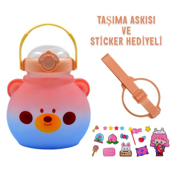 BottleBoss Pipetli Taşıma Askılı Sevimli Matara 1300 Ml Sticker HEDİYELİ Pembe - 2