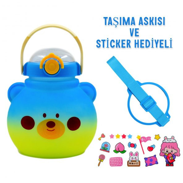 BottleBoss Pipetli Taşıma Askılı Sevimli Matara 1300 Ml Sticker HEDİYELİ Mavi - 2