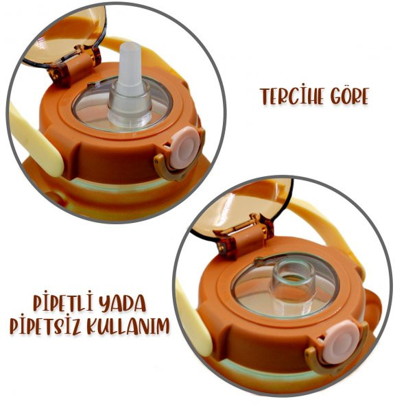 BottleBoss Pipetli Taşıma Askılı Sevimli Matara 1300 Ml Sticker HEDİYELİ Kahverengi - 4
