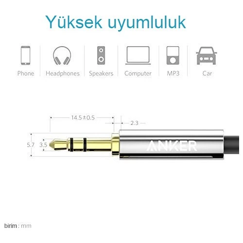 ANKER 3.5mm Aux Ses Kablosu 1.2 mt - Siyah - 3
