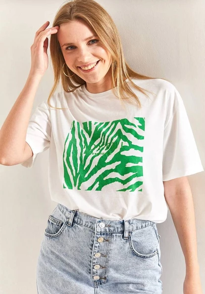 Baskılı Basic Bisiklet Yaka Örme T-Shirt Önü Yeşil - 3