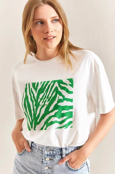 Baskılı Basic Bisiklet Yaka Örme T-Shirt Önü Yeşil - 2