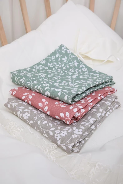 Babyhola Müslin Örtü 80x80cm Yaprak Desen Organik Hediyelik Emzirme Alt Açma Yenidoğan Puset Örtüsü - 9