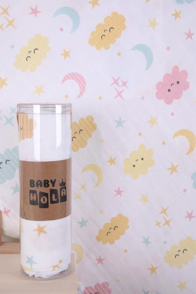 Babyhola Müslin Örtü 80x80cm Bulut Desen Organik Hediyelik Emzirme Alt Açma Yenidoğan Puset Örtüsü - 2