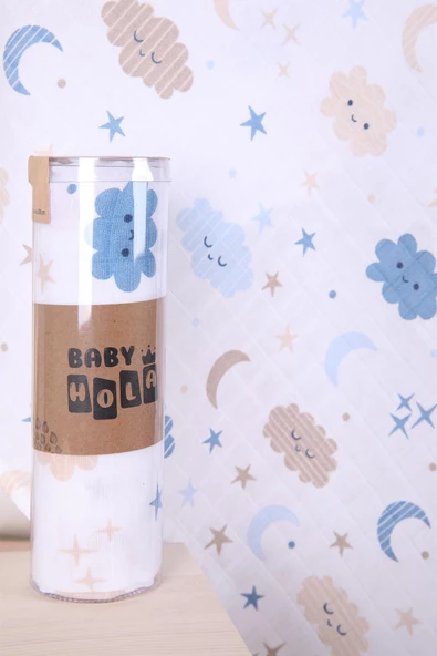 Babyhola Müslin Örtü 80x80cm Bulut Desen Organik Hediyelik Emzirme Alt Açma Yenidoğan Puset Örtüsü - 6