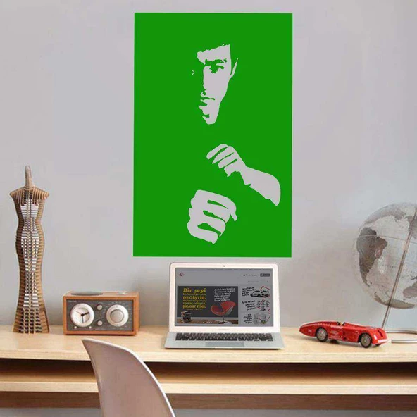 Bruce Lee - Karate Dövüş Sanatı - Karateci Silüeti Dekoratif Genç Odası Duvar Sticker, Çıkartma Yeşil