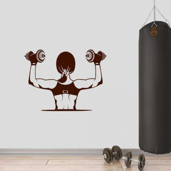 Dumbell Çalışan Kız, Fitness Dekoratif Duvar Sticker, Çıkartma, Etiket Kahverengi Koyu