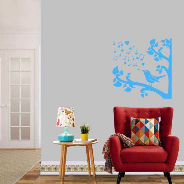 Ağaçtaki Sevimli Kuş - Nota Sembolü Silüeti Dekoratif Duvar Sticker, Çıkartma, Etiket Mavi