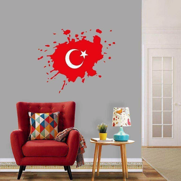 Sıçrama Efektli Kırmızı Türkiye Bayrağı Beyaz Ayyıldız Dekoratif Duvar Sticker, Çıkartma, Etiket kırmızı