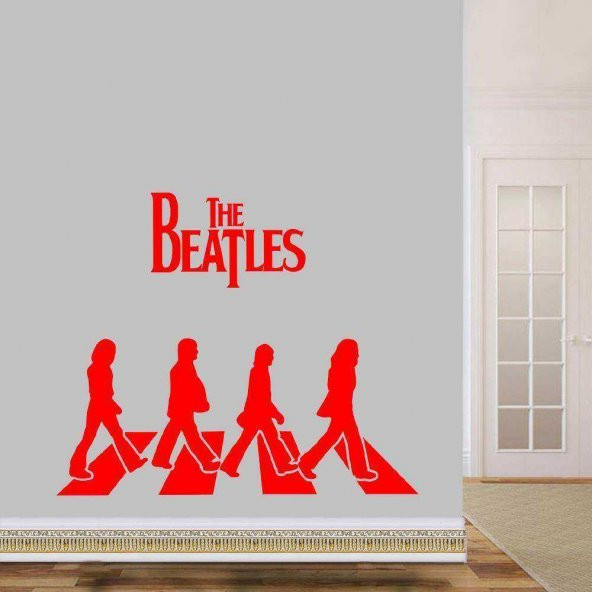 Beatles Grubu Üyeleri ve Logosu Silueti Dekoratif Duvar Sticker, Çıkartma, Etiket kırmızı