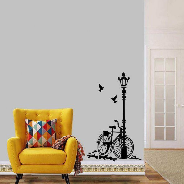 Sokak Lambası Bisiklet Büyük Boy Romantik Tema Dekoratif Duvar Sticker, Çıkartma, Etiket Siyah