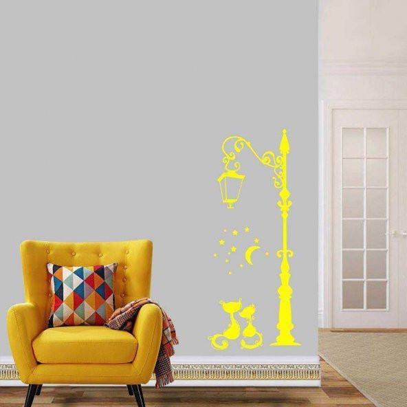 Sokak Lambası Altındaki Aşık Kediler Dekoratif Duvar Sticker, Çıkartma, Etiket Sarı