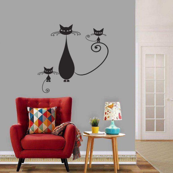 Kıvrık Kuyruk Kedi Ailesi Dekoratif Duvar Sticker, Çıkartma, Etiket