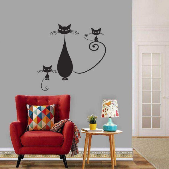 Kıvrık Kuyruk Kedi Ailesi Dekoratif Duvar Sticker, Çıkartma, Etiket kırmızı